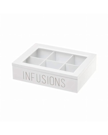 Caja de infusiones de 6 compartimentos de madera y cristal blanca de 24x6x18 cm