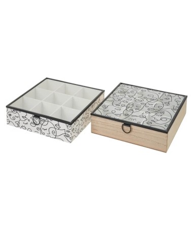 Set de 2 cajas de madera y cristal en blanco y natural con 9 compartimientos 25x25x7 cm