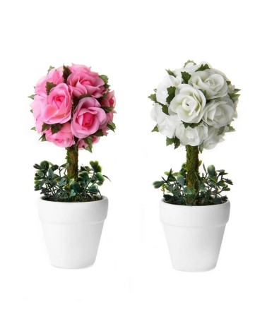 Set de 2 plantas artificiales rosas de tela con maceta blanca de terracota de Ø 6x48 cm