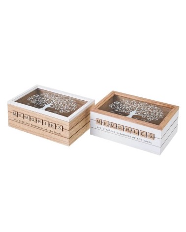Set de 2 cajas de Árbol de la Vida de madera y cristal blanco y natural de 24x16x10 cm