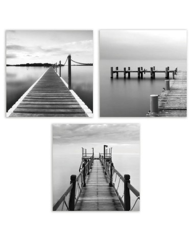 Set de 3 cuadros de paisaje fotoimpresos sobre lienzo en blanco y negro de 50x50 cm