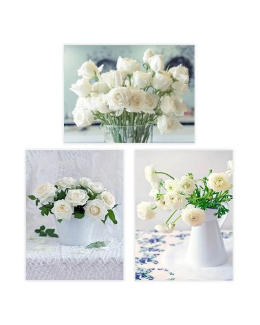 Set de 3 cuadros impresión de rosas blancas sobre lienzo de 30x40 cm