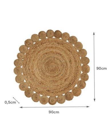 Alfombra redonda trenzada con ribete de círculos de yute natural de Ø 90 cm
