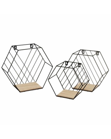 Set de 3 estantes flotantes hexagonales de metal y madera negros
