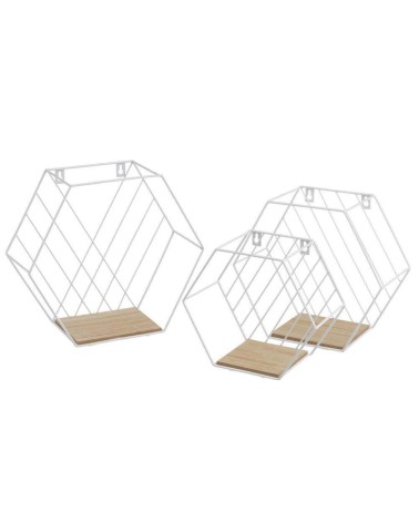 Set de 3 estantes flotantes hexagonales de metal y madera blancos nórdica