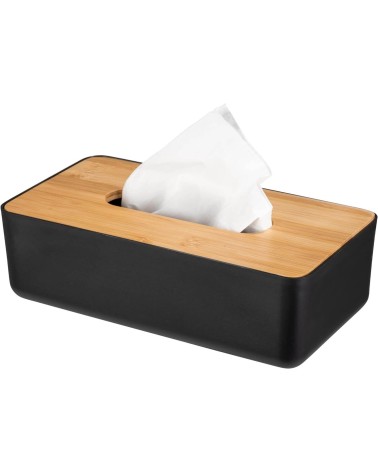 Caja para pañuelos de plástico negro con tapa de bambú