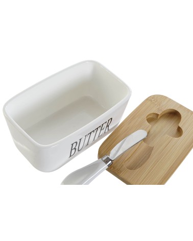 Mantequillera de porcelana con cuchillo untador y tapa bambu, recipiente para mantequilla de alta calidad