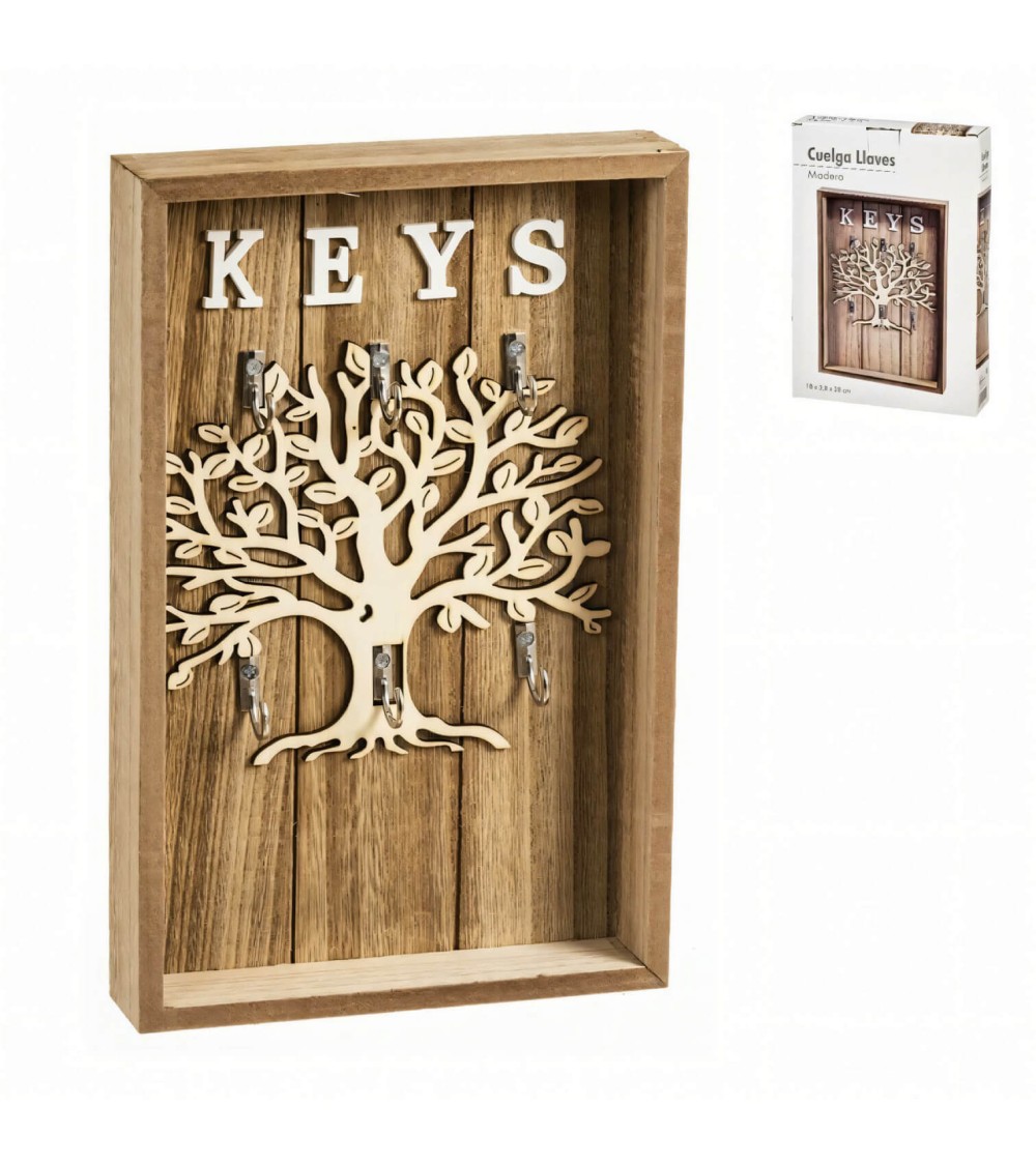 Cuelga llaves de pared Arbol de la vida con 6 colgadores de madera natural  de 18x28 cm