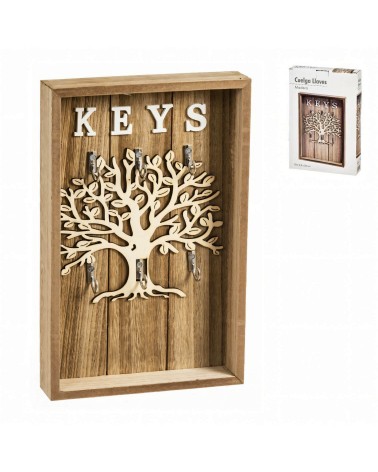 Cuelga llaves de pared Arbol de la vida con 6 colgadores de madera natural de 18x28 cm