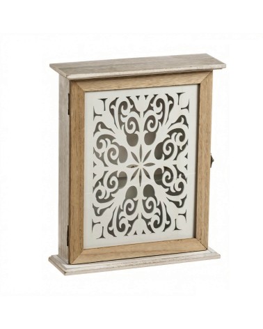 Caja guardallaves de pared Mandala con 6 colgadores de madera natural de 24x29 cm