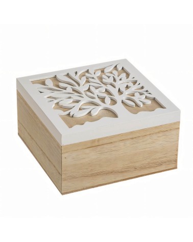 Set de 2 cajas de madera Árbol de la Vida en blanco y natural de 15x15x8 cm