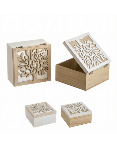 Set de 2 cajas de madera Árbol de la Vida en blanco y natural de 15x15x8 cm