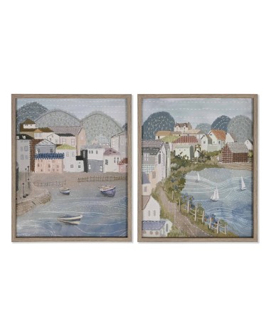 Set de 2 cuadro de playa sobre lienzo con moldura de madera 3D de 42x52 cm