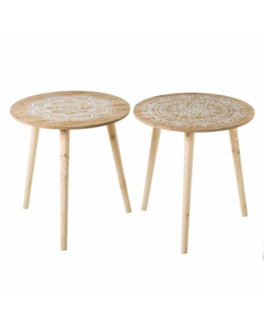 Set de 2 mesas auxiliares con mandala de madera blanco y natural de Ø 40x42 cm