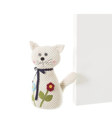 Tope de puerta gato de tela y gravilla blanco de 18x13x27 cm
