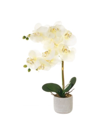 Planta artificial orquídea de tela blanca en maceta de cemento de 31x11x50 cm