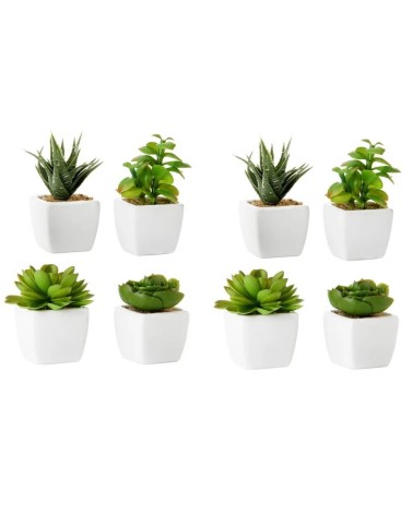 Set de 8 plantas artificiales cactus con maceta blanca de porcelana de 5x5x10 cm