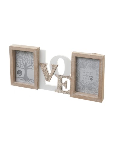 Marco de fotos doble Love blanco y natural de madera de paulonia de 36x16 cm