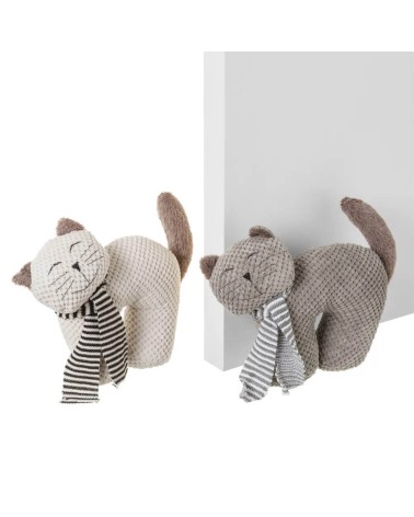Set de 2 topes de puerta gato de tela y gravilla en blanco y gris de 30x9x25 cm