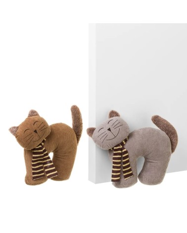 Set de 2 topes de puerta gato de tela y gravilla en marrón y beige de 26x9x26 cm
