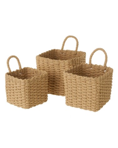 Juego de 3 cestas papel trenzado cuadradas con asa color beige para organizacion