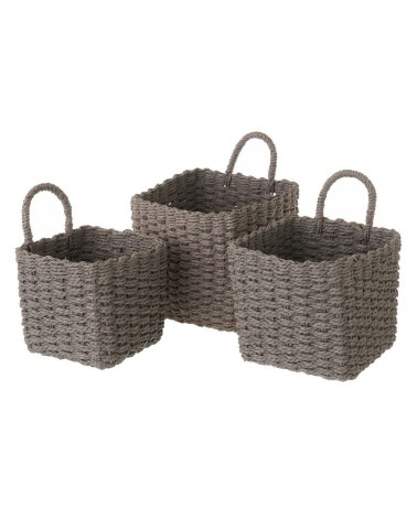 Juego de 3 cestas papel trenzado cuadradas con asa color grises para organizacion