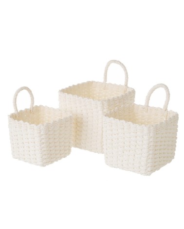 Juego de 3 cestas papel trenzado cuadradas con asa color blancas para organizacion