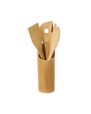 Set de porta utensilios con 4 accesorios de bambú natural de Ø 8x32 cm