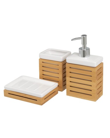 Set de 3 accesorios de baño de dispensador y portacepillos de cerámica y bambú marrón nórdico