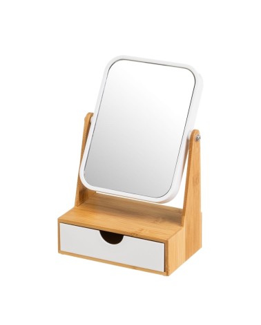 Espejo de tocador de 2 aumentos blanco de bambú y plástico con cajon nórdico