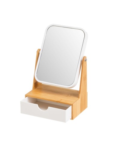 Espejo de tocador de 2 aumentos blanco de bambú y plástico con cajon nórdico