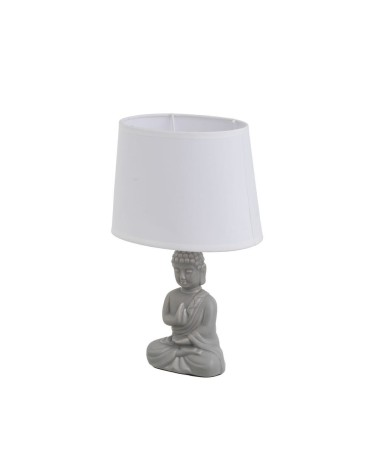 Lámpara de mesa buda oriental cerámica gris con pantalla blanca 23x12x34 cm