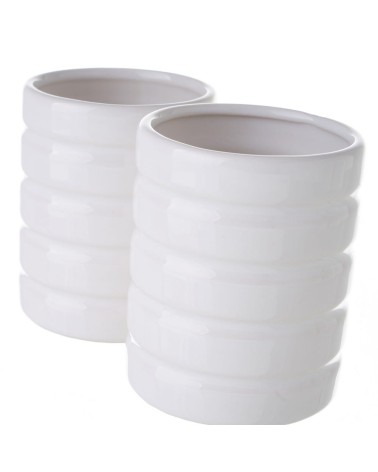Set de 4 portacepillos vaso de anillos de cerámica blancos de Ø 7x9 cm