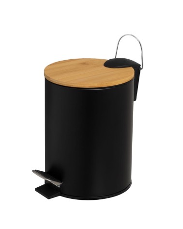 Papelera de pedal negro de bambú y metal de 3 litros
