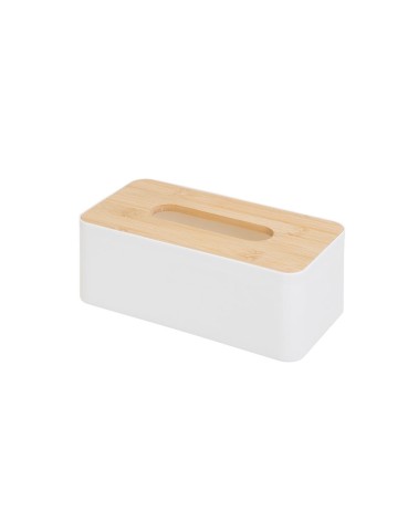 Caja para pañuelos de plástico blanco con tapa de bambú moderna