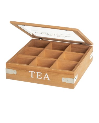 Caja de té de madera y cristal beige de 7x24x24 cm
