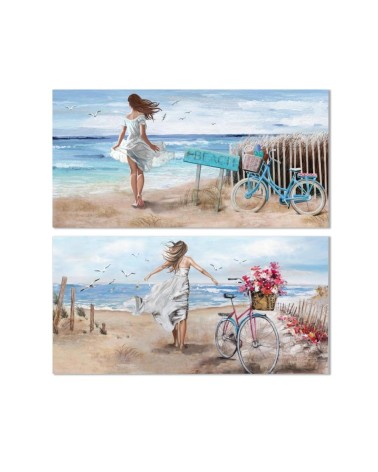 Set de 2 cuadro de chica playa sobre lienzo con moldura de madera de 120x60 cm
