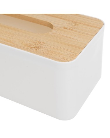 Caja para pañuelos de plástico blanco con tapa de bambú moderna