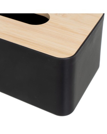 Caja para pañuelos de plástico negro con tapa de bambú moderna