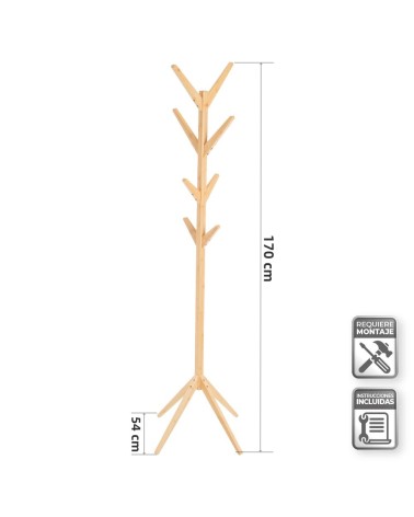 Perchero de 8 brazos de madera de bambú natural nórdico de 170 cm