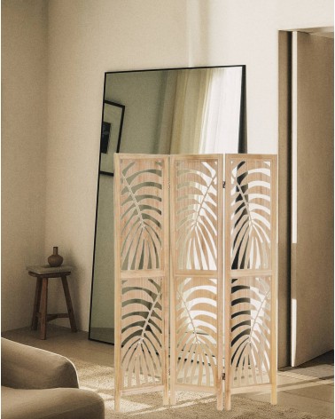 Biombo mandala tallado de madera de paulonia natural de 120x170 cm